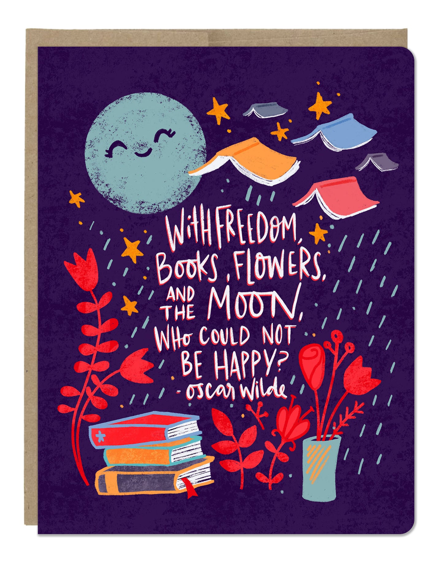 Freedom, Books, Flowers, and the Moon Greeting Card